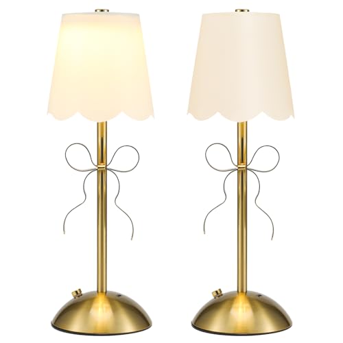 Grinsvalley 2 Pack Fabric Bow Lamp Three-Color Light Adjustment Golden Bowknot Bedside Lamp with Fabric Lampshade for Princess Rooms Girls Rooms Pink Party Decoration