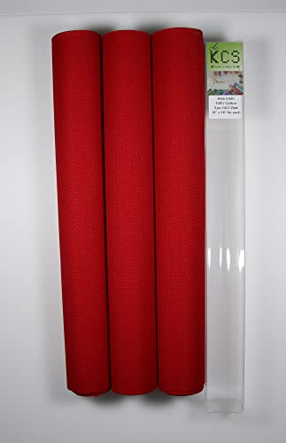 Image of KCS 3 pc of 15 inch x 18 inch Counted Cross Stitch Cotton Aida Cloth Needlework Rolled Fabric Box,14CT,Red