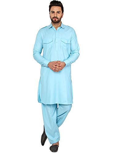 SKAVIJ Men's Tunic Cotton Pathani Kurta Pajama Set Indian Casual Dress Suit
