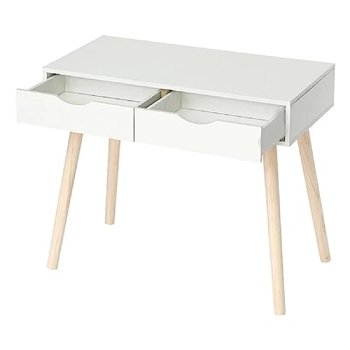 Image of Shoppee Engineered Wood Desk with 2 Drawers for, Computer Desk with Storage Shelves, Makeup Vanity Desk, Modern Writing Study Table Home Office Desks for Bedroom (Full White)