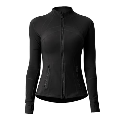 Aceyurre Damen Running Athletic Sport Workout Jacke mit Taschen Slim Fit Full Zip, Schwarz, 34