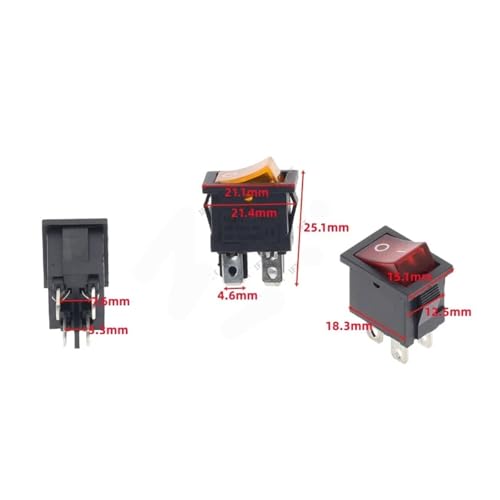 Interruptor basculante rojo KCD1 con luz integrada de 4 pines y 6A 6