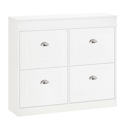 HOMCOM Armoire à Chaussures Meuble à Chaussures Rangement 4 Portes abattantes Double Niveau dim. 98L x 24l x 83H cm MDF Blanc