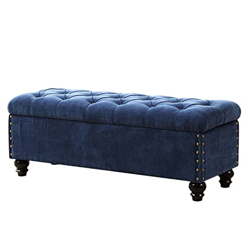 Banc repose-pieds bleu capitonné avec garniture cloutée chic