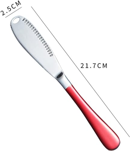 Image of Butter Spreader Knife, Stainless Steel, 3 in 1 Kitchen Gadgets, Curler, Butter Grater, Shredding Slots and with Serrated Edge Knife with Hole (Silver-Red, Set of 2)