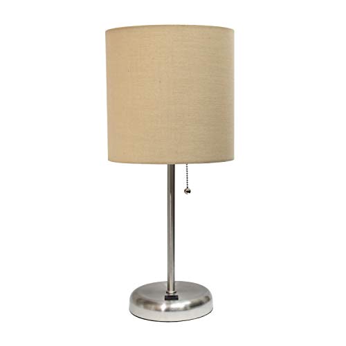 Simple Designs LT2044-TAN Brushed Steel Stick Table Desk Lamp with USB Charging Port and Drum Fabric Shade, Tan Shade
