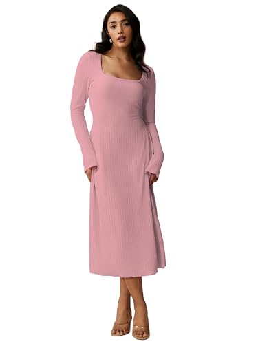 Image of Shasmi Women's Square Neck A-Line Dress - Long Sleeve, Tie Waist, Knitted Stretchable, Casual & Office Outfit, Solid Winter Midi Dress for Women (Dress 221)