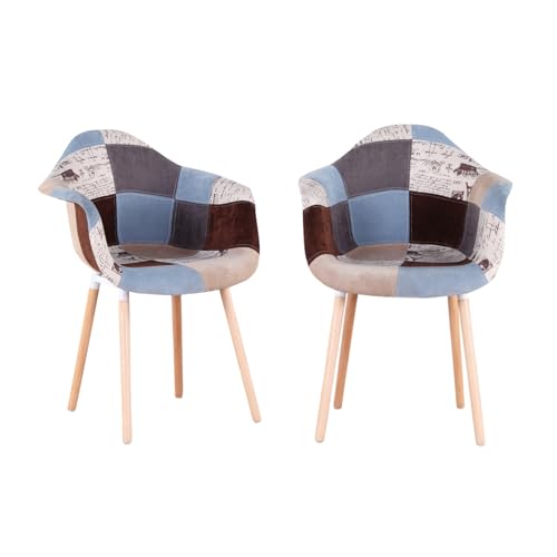 HJhomeheart Lot de 2 Chaises de Salle à Manger en Tissu Patchwork avec Accoudoirs, Fauteuil Design Moderne, Chaise de Cuisine Scandinave en Bois de Hêtre...