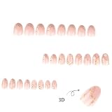 Flower Press on Nails Short Almond Fake Nails Glitter French Tip Nails Press Ons with Gold Line Design Glossy Full Cover Glue on Nail Nude Stick on Nail for Women Decorations Set 24Pcs