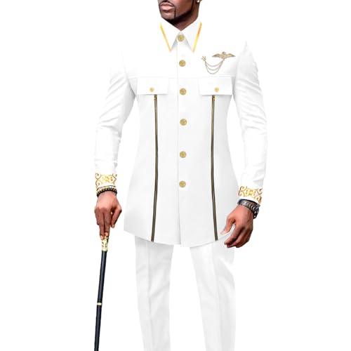 Men`s Suits African Clothes Slim Fit Embroidery Single Breasted Zip Blazer and Pants Set Formal Outfits White XX-Large