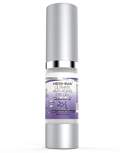 Keshima Eye Gel for Crow's Feet, Puffiness, Sagging Skin, Dark Circles and Wrinkles - Cream with Plant Stem Cells, Vitamin C, Hyaluronic Acid, Complex Peptides, Aloe, Green Tea - Oil Free