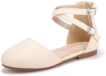PANDANINJIA Toddler/Little Kid Girl's Amanda Mary Jane Ballet Flats Ankle Strap Ballerina Dress Shoes Flat Sandals(Beige Pu, 9 M US Toddler)
