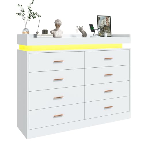 Image of jiteentarou 8 Drawer Dresser with Charging Station and LED Lights, Modern Chest of Drawers with Power Outlet, Organizer Cabinet for Bedroom, Living Room, White