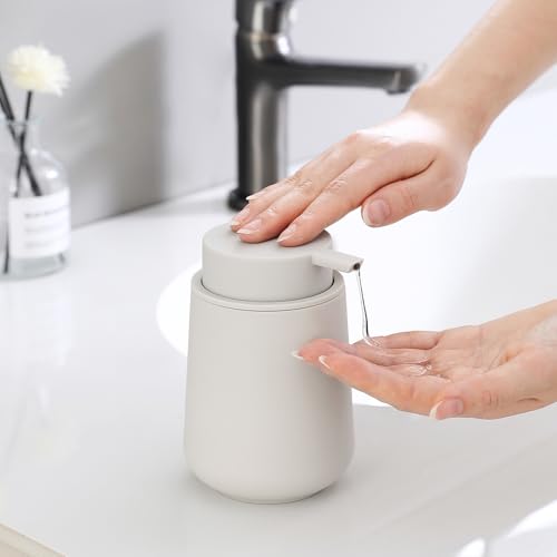 Image of YAUKPH Matte Beige Liquid Hand Soap Dispenser Plastic 11 oz - Modern Minimalist Style for Bathroom & Kitchen Countertop Refillable