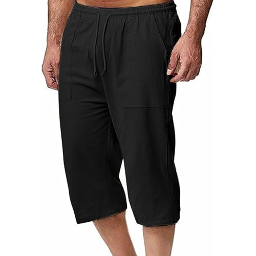 Men's Cotton Linen Cropped Pants Summer Below Knee 3/4 Trouser with Pocket Loose Elastic Waist Drawstring Capri Pant4