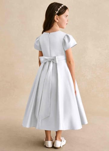 A-Line Puff Sleeves Satin Princess Flower Girl Dress Tea Length Round Neck Pageant Bows Junior Bridesmaid Dresses3