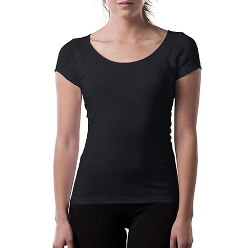 Women's Sweatproof Undershirt | Cotton Scoop Neck T-Shirt with Underarm Sweat Pads | Original Fit | Aluminum-Free Alternative | Black | Small