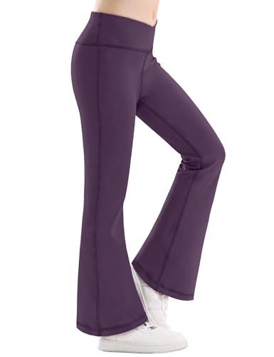 Girls Flare Leggings Yoga Pants Cross Over High Waisted Girls Bell Bottom Pants for Kids Stretchy Casual Bootcut Leggings for Dance Activewear Full Length Mulberry Purple 9Y-10Y