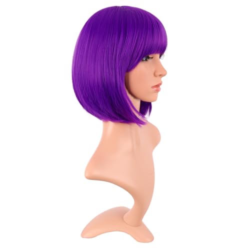Image of MapofBeauty 12 Inch /30 cm Fashion Lady Short Straight Synthetic Flat Bangs Bob Wig (Bright Purple)