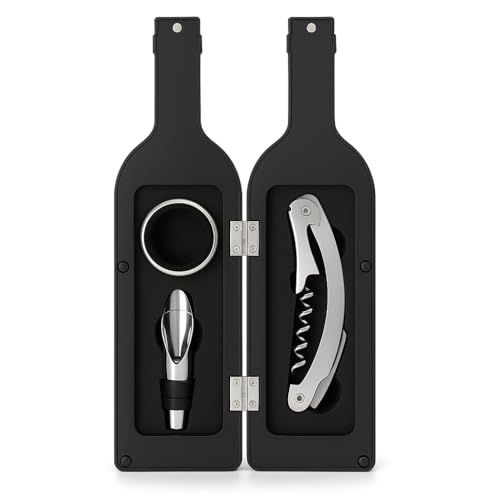 Kit Abridor de Vinho Inox Premium 3 Peças com Estojo em Formato de Garrafa – Saca-Rolhas Sommelier + Anel Salva-Gotas + Aerador Profissional