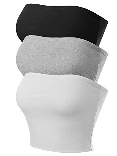MixMatchy Women's Causal Strapless Double Layered Basic Sexy Tube Top Black/H.Grey/White 3Pack Bundle S