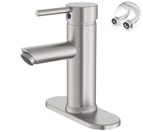 Brushed Nickel Bathroom Faucets, Greenspring Single Handle One Hole Bathroom Sink Faucet, Water Saving Lavatory Vanity Sink Faucet with Cover Plate Commercial Mixer Tap Supply Line, Brass