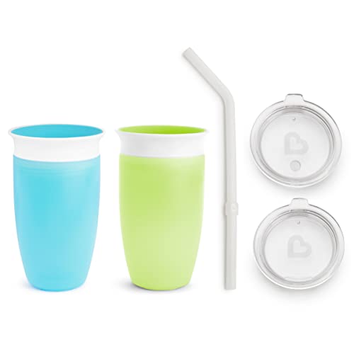 Image of Munchkin Sippy Cup for Toddlers, Miracle 360 Cup with Straw Cup and Open Sipper Lid Grow with Me Kit, 10 Ounce, Blue/Green