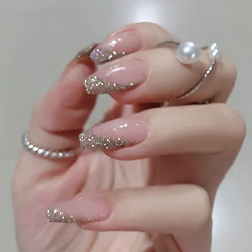 RikView Press on Nails Medium Length Coffin Fake Nails Pink Nails Glossy False Nails Full Cover Prom Nails with Glue Sticker