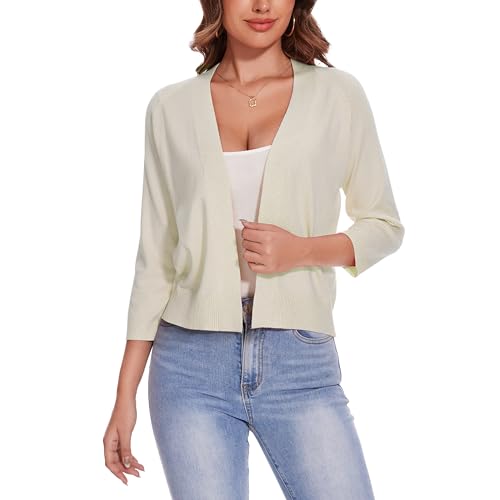 Women's 3/4 Sleeve Open Front Cropped Cardigan Solid Shrugs Lightweight Knit Sweater