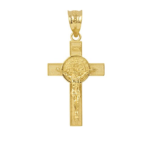 Saint Collection Solid 14k Yellow Gold St. Benedict Crucifix Cross Charm Pendant (1.30 )
