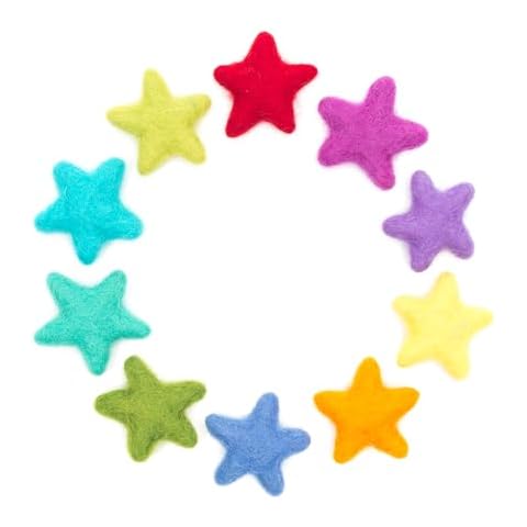 Glaciart One Rainbow Felted Stars - Needle Felting & Essential Oils Ready - Handmade in Nepal, 100% Natural New Zealand Wool, for Art Projects, Garlands & Valentine’s Decor - 1.5”, Set of 10 Cover