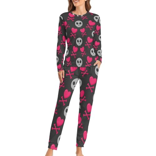Pyjama femme cœur de crâne noir en coton respirant et manches longues pour nuits douces