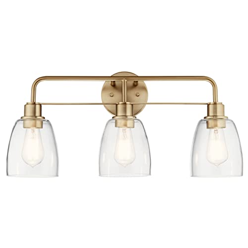 Image of Kichler Meller 3-Light Industrial Vanity Light, Champagne Bronze | Modern vanity light with clear glass for bathroom mirrors (24.25 inch x 11.25 inch x 7 inch), 55102CPZ
