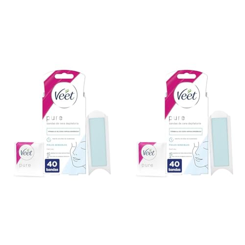Veet Pure Bandas de Cera Fría Depilatoria para Depilación Facial Adecuado para Labio Superior (Bigote), Fórmula de Cera Hipoalergénica para Pieles Sensibles, 40 Tiras, 40, 40 unidad, 1 (Paquete de 2)