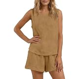 Generisch Kurze Hose Lässiges ärmelloses Zweiteiler-Set mit Shorts Rundhalsausschnitt Bequeme entspannende Sommerkleidung für Damen im Alltag (Khaki, S)