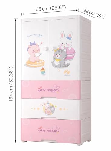 Image of EXVITO Plastic Wardrobe for Cloth with Drawers & Hanging Rod | Baby Cupboard for Clothes Storage | Foldable Collapsible Plastic Almirah for Kids | Cartoon Design Cabinet for Bedroom (Pink, 4 Door)