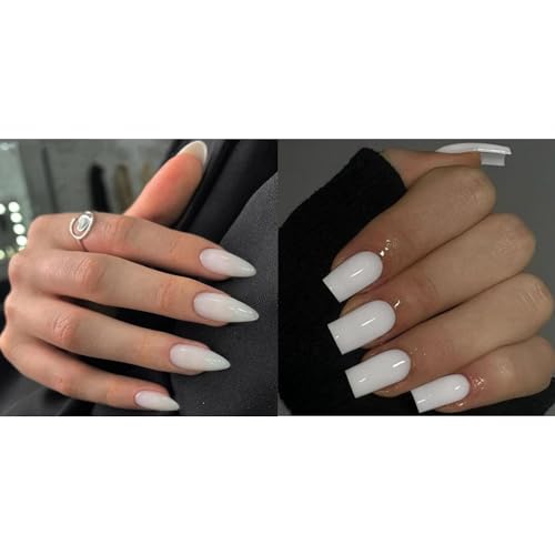 KQueenest All White Press on Nails Medium Almond&All White Press on Nails Short Medium Square For Beach Party Daily Decoration in 48 PCS