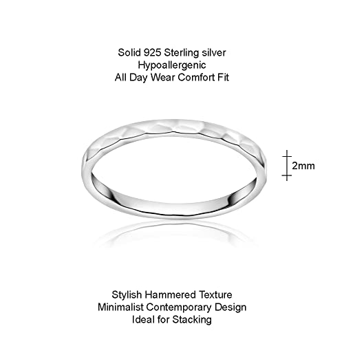 Hoops & Loops 925 Sterling Silver Thin Plain 2mm Hammered Stacking Ring | Skinny Comfort Fit Stackable Band Ring for Women3