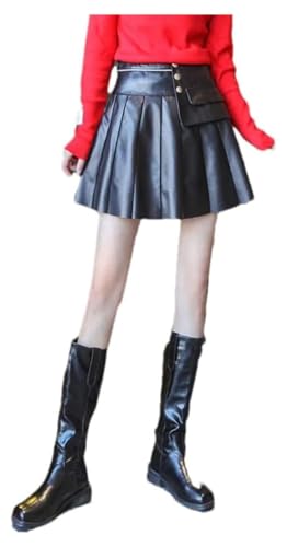 Women's High Waist Leather Mini Skirt with Pleated Design and Button Accents Slim Fit Above Knee