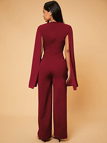 Wdirara Women's Deep V Neck Split Long Sleeve High Waist Jumpsuit Elegant Formal Wide Leg Long Pants Dressy Romper Burgundy S #TOP1