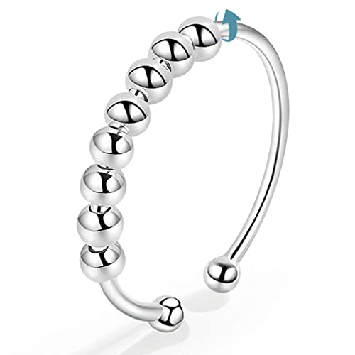 Vito Sterling Silver Fidget Anxiety Ring for Women, Adjustable Open Spinner Ring With Rotatable 8 Beads Stress Relief Stacking Band Ring Jewelry Gift for Daughters Mom