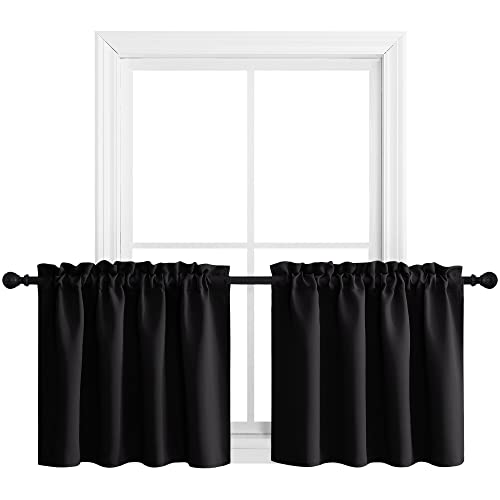 NICETOWN Thermal Insulated Blackout Window Valances for Nursery - Energy Efficient Home Decor Rod Pocket Curtain Panels for Bedroom Halloween Decor, Set of 2, 42W x 24L inches, Black