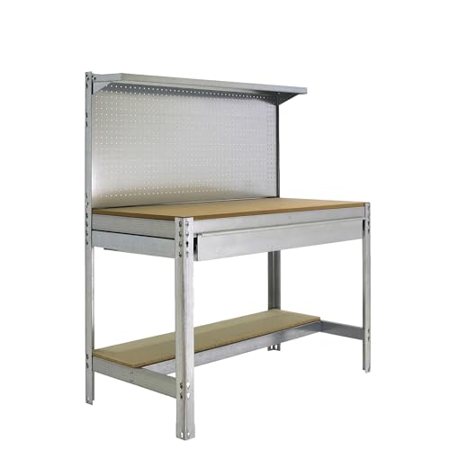 SimonRack Etabli d’Atelier, Capacité de Charge 600 kg, 1445x1210x610 mm, Panneau Perforé avec 1 Étagère, Étagère Tiroir de Rangement, Table de Travail Bricolage,...