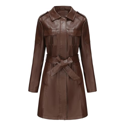 Shffuw Capelina Lluvia Senderismochaqueta Impermeable Abrigo de cuero de longitud media para mujer con cinturón Gabardina de cuero de manga larga Abrigo de Poncho Impermeable gabardina (Coffee, XXL)