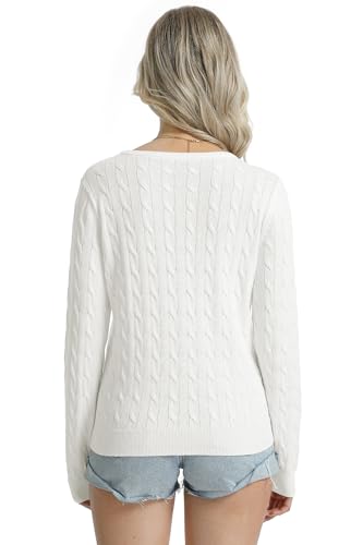 QUALFORT Women's 100% Cotton Cable Knit Sweaters Basic Long Sleeve Soft Pullover Sweater 20254