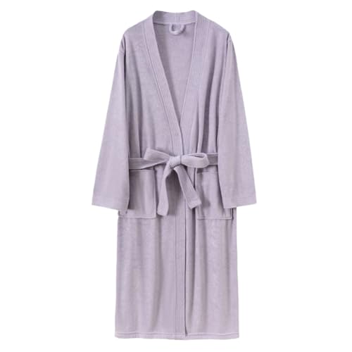 Albornoz de los hombres de tela suave kimono largo con bolsillos Spa Loungewear, Color lila claro., L