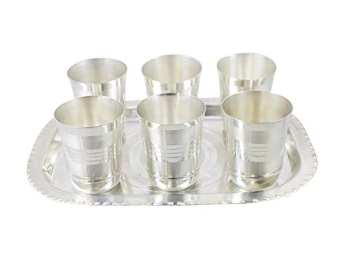 Darshan Online – Drinking Water Glass Cup Dining Table Drinkware Glass Silver Plated Glass Tray with Silver Plated, Silver Plated Glass with Tray Gift Items, Return Gift, Glass Tray Set of – 6