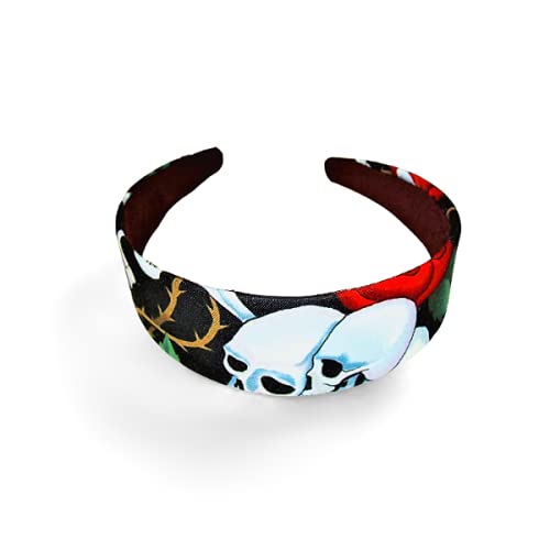 Gifts and Beads| Red Roses Skulls,1 Headband, hair bands, gifts for women, headband for girls, wide headband, handmade in USA, wide hair band, flowers printed cotton fabric,wrapped plastic base, fashion headbands and headwrap for women and girls, diademas para mujeres y ninas.