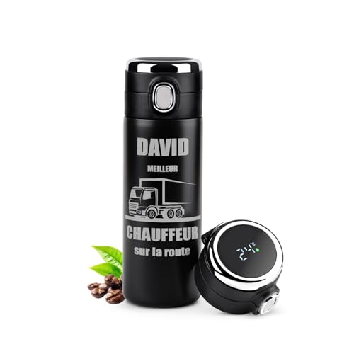 Maverton Bouteille isotherme personnalisable pour chauffeur - Mug hermétique 400ml avec gravure Idee cadeau homme - Gourde isotherme homme LED café thé -...
