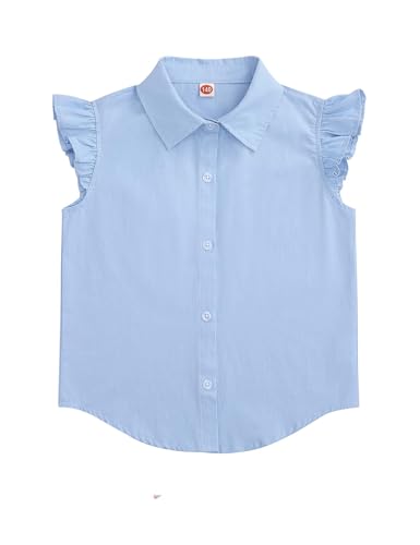 Image of Girls Sleeveless Plaid Button Down Shirt Summer Crop Tops Tie Knot Ruffle Sleeve Shirt Blouse 3-12Y